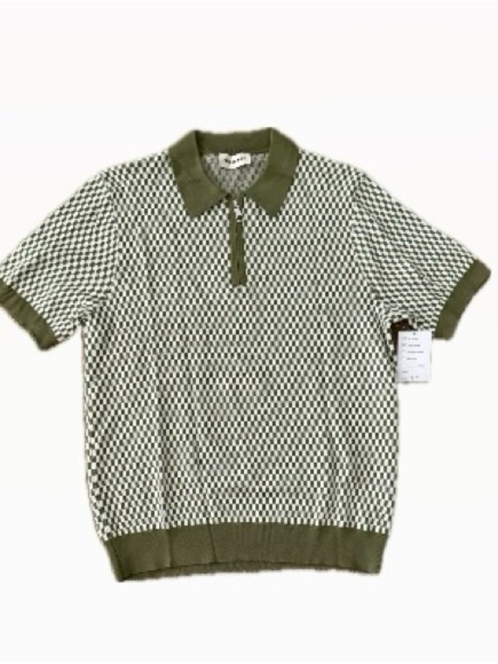 Men’s Industry Olive and White Check Polo Shirt, collar with zipper
